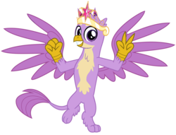 Size: 1024x781 | Tagged: safe, artist:cheezedoodle96, edit, vector edit, gallus, twilight sparkle, griffon, g4, big crown thingy, claws, clenched fist, element of magic, fabulous, flying, jewelry, palette swap, purple, recolor, regalia, simple background, smiling, transparent background, vector