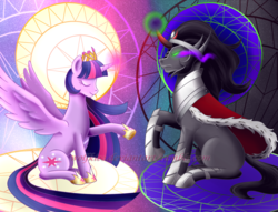 Size: 1700x1300 | Tagged: safe, artist:wolfkice, king sombra, twilight sparkle, alicorn, pony, unicorn, g4, abstract background, armor, cape, clothes, crown, eyes closed, female, halo, horn, horseshoes, jewelry, magic, male, mare, new crown, regalia, ship:twibra, shipping, sitting, sombra eyes, sombra horn, stallion, straight, twilight sparkle (alicorn), watermark
