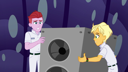 Size: 1920x1080 | Tagged: safe, screencap, nantucket flyer, ragamuffin (g4), equestria girls, equestria girls series, g4, spring breakdown, spoiler:eqg series (season 2), arms, background human, clothes, cruise ship staff, freckles, male, speaker