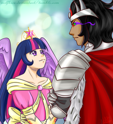 Size: 1000x1100 | Tagged: safe, artist:wolfkice, king sombra, twilight sparkle, alicorn, human, g4, abstract background, armor, big crown thingy, cape, clothes, coronation dress, crown, dress, female, humanized, jewelry, male, princess, regalia, ship:twibra, shipping, sombra eyes, straight, twilight sparkle (alicorn), wings