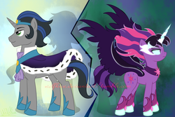 Size: 1500x1000 | Tagged: safe, artist:wolfkice, king sombra, sci-twi, twilight sparkle, alicorn, pony, unicorn, equestria girls, g4, abstract background, accessory swap, alternate color palette, cape, clothes, crown, evil twilight, female, good king sombra, horseshoes, jewelry, male, mare, midnight sparkle, personality swap, regalia, shadow, sombra eyes, stallion, standing, twilight sparkle (alicorn)