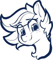 Size: 1140x1284 | Tagged: safe, artist:dimfann, applejack, earth pony, pony, g4, alternate hairstyle, bust, chest fluff, cute, female, freckles, jackabetes, looking at you, mare, missing accessory, monochrome, portrait, simple background, smiling, solo, white background