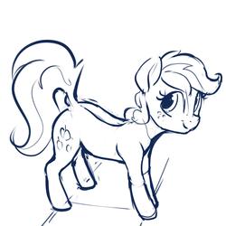 Size: 2000x2000 | Tagged: safe, artist:dimfann, applejack, earth pony, pony, g4, cute, dock, female, high res, jackabetes, looking at you, looking up, mare, missing accessory, monochrome, simple background, smiling, solo, white background