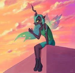Size: 1209x1174 | Tagged: source needed, safe, artist:dumddeer, queen chrysalis, changeling, changeling queen, anthro, g4, cigarette, clothes, cloud, female, horn, smoking, solo, tank top