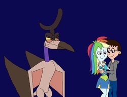 Size: 2649x2033 | Tagged: safe, artist:hunterxcolleen, rainbow dash, oc, oc:stewart gary, dinosaur, pterodactyl, pterosaur, equestria girls, g4, crossover, high res, hug, jealous, the good dinosaur, thunderclap (the good dinosaur)