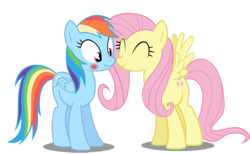 Size: 1024x630 | Tagged: safe, artist:rozyfly10, fluttershy, rainbow dash, pegasus, pony, g4, blushing, duo, eyes closed, female, lesbian, mare, scrunchy face, ship:flutterdash, shipping, simple background, transparent background, wide eyes, wings