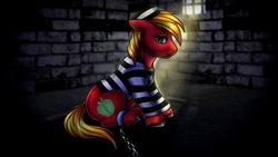 Size: 1280x720 | Tagged: safe, artist:megabait, big macintosh, earth pony, pony, g4, ball and chain, clothes, hat, jail, male, prison, prison outfit, prison stripes, solo