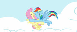 Size: 1280x534 | Tagged: safe, artist:rozyfly10, fluttershy, rainbow dash, pegasus, pony, g4, cloud, duo, eyes closed, female, happy, hug, lesbian, love, mare, open mouth, ship:flutterdash, shipping, sky, smiling, wings