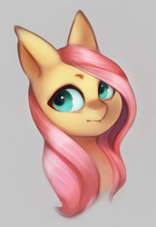 Size: 689x1000 | Tagged: safe, artist:derpyrider, fluttershy, pegasus, pony, g4, bust, female, gray background, looking sideways, mare, portrait, simple background, solo, three quarter view