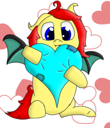 Size: 1047x1221 | Tagged: safe, artist:gamer-shy, oc, oc only, oc:gamershy yellowstar, bat pony, pony, blue eyes, cute, fangs, heart, heart pillow, hearts and hooves day, pillow, red mane, solo, yellow fur