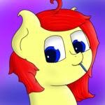Size: 1024x1024 | Tagged: safe, artist:gamer-shy, oc, oc only, oc:gamershy yellowstar, bat pony, pony, blue background, bust, fangs, red mane, simple background, solo, stylus