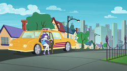 Size: 1920x1080 | Tagged: safe, screencap, rarity, equestria girls, fomo, g4, my little pony equestria girls: better together, canterlot city, female, geode of shielding, magical geodes, taxi