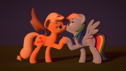 Size: 1920x1080 | Tagged: safe, artist:creatorofpony, artist:ezupack, applejack, rainbow dash, earth pony, pegasus, pony, g4, 3d, cute, female, kissing, lesbian, ship:appledash, shipping, simple background