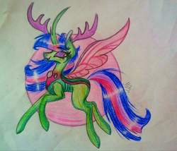Size: 1024x878 | Tagged: source needed, safe, artist:meadowbelle, oc, oc only, changedling, changeling, changepony, hybrid, antlers, hybrid wings, interspecies offspring, offspring, parent:thorax, parent:twilight sparkle, parents:twirax, smiling, traditional art