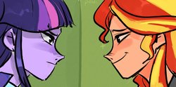 Size: 2050x1020 | Tagged: safe, artist:poo_xzb, sunset shimmer, twilight sparkle, equestria girls, g4, female, lesbian, looking at each other, ship:sunsetsparkle, shipping