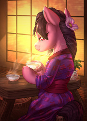 Size: 1920x2668 | Tagged: safe, artist:tsitra360, artist:vest, oc, oc only, oc:lotus inkstick, pony, semi-anthro, arm hooves, braid, clothes, collaboration, commission, female, flower, flower in hair, hair over one eye, hoof hold, kimono (clothing), looking at you, looking back, looking back at you, mare, sitting, smiling, smirk, solo