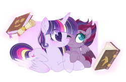 Size: 1150x750 | Tagged: safe, artist:verona-5i, twilight sparkle, oc, oc:twinkle, alicorn, pegasus, pony, g4, base used, book, female, filly, magic, magical lesbian spawn, mother and daughter, offspring, parent:tempest shadow, parent:twilight sparkle, parents:tempestlight, prone, scroll, simple background, transparent background, twilight sparkle (alicorn), two toned wings