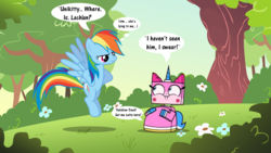 Size: 1365x768 | Tagged: safe, artist:lachlandingoofficial, rainbow dash, pegasus, pony, g4, crossover, eaten alive, endosoma, female, fetish, lego, mare, speech bubble, the lego movie, thought bubble, unikitty, unikitty!, vore