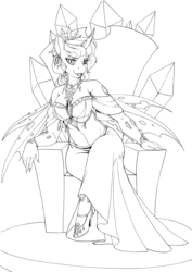 Size: 3471x4891 | Tagged: safe, artist:longinius, oc, oc only, oc:queen polistae, changeling, changeling queen, anthro, anthro oc, bracelet, breasts, changeling oc, changeling queen oc, cleavage, clothes, crystal, dress, female, high heels, jewelry, looking at you, necklace, regalia, shoes, solo, throne