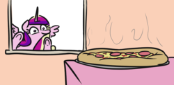 Size: 774x380 | Tagged: safe, artist:jargon scott, princess cadance, alicorn, pony, g4, cute, cutedance, eyes on the prize, female, food, leaning, looking at something, mare, meat, peetzer, pepperoni, pepperoni pizza, pizza, smiling, solo, spread wings, that pony sure does love pizza, underhoof, wide eyes, window, wingboner, wings