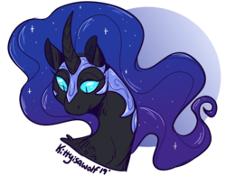Size: 1280x1000 | Tagged: safe, artist:kittyisawolf, nightmare moon, pony, g4, bust, curved horn, ethereal mane, female, helmet, horn, portrait, simple background, solo, starry mane, transparent background