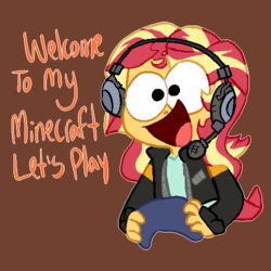 Size: 500x500 | Tagged: safe, artist:pinkiespresent, sunset shimmer, equestria girls, g4, game stream, spoiler:eqg series (season 2), brown background, controller, cute, dialogue, female, gamer sunset, headset, minecraft, open mouth, shimmerbetes, simple background, solo