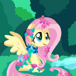 Size: 1772x1772 | Tagged: safe, artist:andromedasparkz, fluttershy, pegasus, pony, g4, bush, clothes, cute, female, flower, flower in hair, happy, lake, leaves, looking up, mare, outdoors, saddle, shyabetes, sitting, solo, spread wings, tack, wings