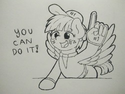 Size: 1280x960 | Tagged: safe, artist:ljdamz1119, windy whistles, pegasus, pony, g4, #1, cap, cheering, clothes, cute, female, foam finger, hat, lineart, monochrome, open mouth, solo, spread wings, traditional art, windybetes, wings
