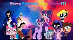 Size: 1920x1069 | Tagged: safe, artist:lachlancarr1996, sci-twi, twilight sparkle, alicorn, equestria girls, g4, angel (lilo and stitch), ashi, ben 10, ben tennyson, bubbles (powerpuff girls), crossover, happy birthday, lego, lilo and stitch, princess melody, raven (dc comics), rocky and bullwinkle, rocky the flying squirrel, samurai jack, tara strong, teen titans go, the fairly oddparents, the lego movie, the little mermaid, the little mermaid 2: return to the sea, the powerpuff girls, timmy turner, twilight sparkle (alicorn), twolight, unikitty, unikitty!, voice actor joke