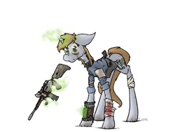 Size: 1024x768 | Tagged: safe, artist:sinrar, oc, oc only, oc:littlepip, pony, unicorn, fallout equestria, assault rifle, bandage, blood, clothes, cutie mark, fanfic, fanfic art, female, floppy ears, glowing horn, gun, hooves, horn, jumpsuit, levitation, magic, mare, optical sight, pipbuck, rifle, simple background, solo, telekinesis, vault suit, weapon, white background