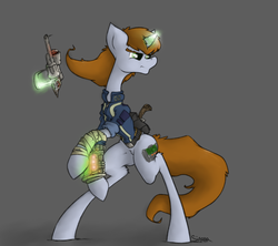 Size: 1152x1024 | Tagged: safe, artist:sinrar, oc, oc only, oc:littlepip, pony, unicorn, fallout equestria, bandage, clothes, cutie mark, fanfic, fanfic art, female, glowing horn, grayscale, gun, handgun, hooves, horn, jumpsuit, levitation, little macintosh, magic, mare, monochrome, optical sight, pipbuck, revolver, simple background, solo, telekinesis, vault suit, weapon