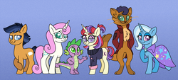 Size: 2560x1160 | Tagged: safe, artist:carouselunique, capper dapperpaws, moondancer, quibble pants, spike, trixie, twinkleshine, abyssinian, dragon, earth pony, pony, unicorn, anthro, series:sunlight horizons, g4, my little pony: the movie, anthro with ponies, blog:capperdancer chronicle, cape, chest fluff, clothes, coat, female, glasses, gradient background, looking at you, male, mare, stallion