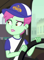 Size: 537x718 | Tagged: safe, screencap, cab callaway, equestria girls, fomo, g4, my little pony equestria girls: better together, background human, cropped, female, hat, seatbelt, solo, steering wheel, taxi, taxi driver