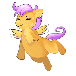 Size: 771x771 | Tagged: safe, artist:picorna, scootaloo, pegasus, pony, g4, blank flank, cute, cutealoo, eyes closed, female, filly, flapping wings, pixiv, simple background, solo, sweatdrop, trying to fly, white background