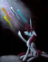 Size: 1681x2171 | Tagged: safe, artist:brogararts, oc, oc:fausticorn, alicorn, pony, bittersweet, black background, crying, emotional, end of ponies, farewell, feels, implied mane six, light, looking up, sad, shooting star, signature, simple background, smiling, the end, traditional art, tragic, waving
