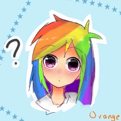 Size: 500x500 | Tagged: safe, artist:wuorange, rainbow dash, human, g4, anime, anime eyes, blue background, bust, cute, dashabetes, female, head only, humanized, looking at you, pixiv, portrait, question mark, simple background, solo, stars