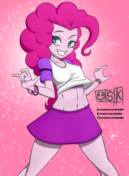 Size: 1152x1575 | Tagged: safe, artist:oldskullkid, pinkie pie, equestria girls, g4, beautiful, belly button, bracelet, clothes, colored pupils, cute, devil horn (gesture), devil horns, diapinkes, female, jewelry, midriff, miniskirt, pink background, simple background, skirt, smiling, solo