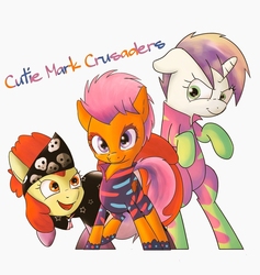 Size: 1138x1200 | Tagged: safe, alternate version, artist:mzr43, apple bloom, scootaloo, sweetie belle, earth pony, pony, g4, the show stoppers, bipedal, clothes, cutie mark crusaders, female, filly, floppy ears, open mouth, pixiv, show stopper outfits, trio