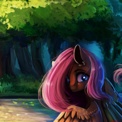 Size: 4000x4000 | Tagged: safe, artist:miokomata, fluttershy, pegasus, pony, g4, cute, cute little fangs, fangs, female, forest, freckles, looking at you, looking back, looking back at you, mare, outdoors, smiling, solo, spread wings, water, wings