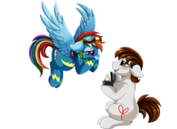 Size: 1024x745 | Tagged: safe, artist:pridark, rainbow dash, oc, oc:dreamer, pony, g4, canon x oc, clothes, crying, engagement ring, goggles, heart, heart eyes, marriage proposal, new hairstyle, rainmer, shipping, simple background, tears of joy, transparent background, uniform, wingding eyes, wonderbolts uniform
