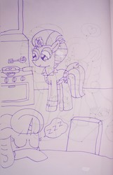 Size: 2871x4467 | Tagged: safe, artist:徐詩珮, fizzlepop berrytwist, glitter drops, tempest shadow, pony, unicorn, g4, my little pony: the movie, broken horn, clothes, cooking, cute, egg (food), eyes closed, female, food, glitterbetes, horn, lesbian, lineart, magic, mare, morning ponies, onomatopoeia, pajamas, ship:glittershadow, shipping, sleeping, sound effects, tempestbetes, traditional art, zzz