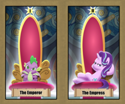 Size: 1070x889 | Tagged: safe, spike, starlight glimmer, dragon, g4, female, implied shipping, implied sparlight, major arcana, male, s9 throne series, tarot card, text, throne, winged spike, wings