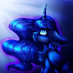 Size: 768x768 | Tagged: safe, artist:meaghanlroyal, princess luna, alicorn, pony, g4, chest fluff, collaboration, color porn, crepuscular rays, curved horn, ear fluff, ethereal mane, eyebrows, eyebrows visible through hair, female, floppy ears, horn, looking up, mare, missing accessory, sitting, solo, starry mane, stars