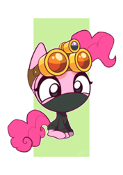 Size: 540x764 | Tagged: safe, artist:dori-to, pinkie pie, earth pony, pony, g4, the crystal empire, abstract background, chibi, cute, diapinkes, female, goggles, mare, night vision goggles, pinkie spy, sitting, solo