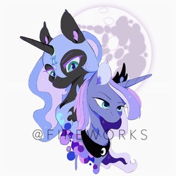 Size: 2022x2022 | Tagged: safe, artist:tiffna0310, nightmare moon, princess luna, pony, g4, bust, duality, female, high res, mare in the moon, moon, obtrusive watermark, portrait, simple background, solo, watermark, white background