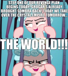 Size: 1920x2160 | Tagged: safe, edit, edited screencap, screencap, cozy glow, pegasus, pony, g4, school raze, the beginning of the end, cage, caption, cozy glow's true goal, evil smile, excessive exclamation marks, female, filly, foal, grin, image macro, implied grogar, implied king sombra, implied lord tirek, pure concentrated unfiltered evil of the utmost potency, pure unfiltered evil, smiling, tartarus, text, wanna be friends?