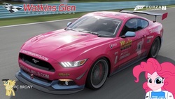 Size: 1280x720 | Tagged: safe, artist:forzaveteranenigma, pinkie pie, pony, fanfic:equestria motorsports, equestria girls, g4, car, driving, ford, ford mustang, forza motorsport 7, mels, mels diner, motorsport, new york, photo, race track, racecar, racing, racing suit, the original mels, united states, watermark, watkins glen international