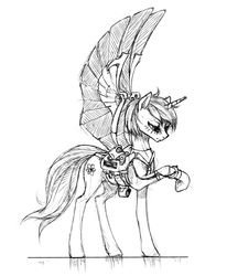 Size: 1000x1213 | Tagged: safe, artist:madhotaru, oc, oc only, pony, unicorn, artificial wings, augmented, grayscale, mechanical wing, monochrome, simple background, solo, white background, wings