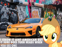 Size: 750x564 | Tagged: safe, applejack, earth pony, pony, g4, car, graffiti, lexus, lexus lfa, photo, smiling