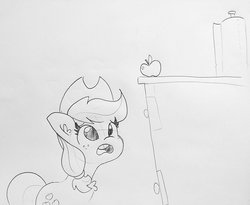Size: 1548x1272 | Tagged: safe, artist:tjpones, applejack, earth pony, pony, adorable distress, apple, counter, cute, female, food, jackabetes, lineart, looking up, mare, monochrome, open mouth, paper towels, pencil drawing, solo, that pony sure does love apples, traditional art
